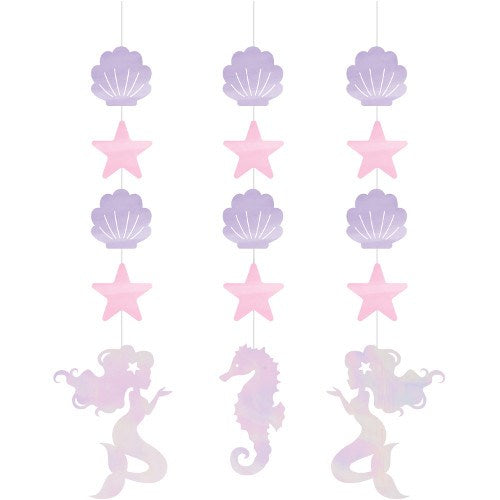 Three hanging cutouts featuring pink seashells, pink starfish, purple seahorses, and purple mermaids arranged vertically on.