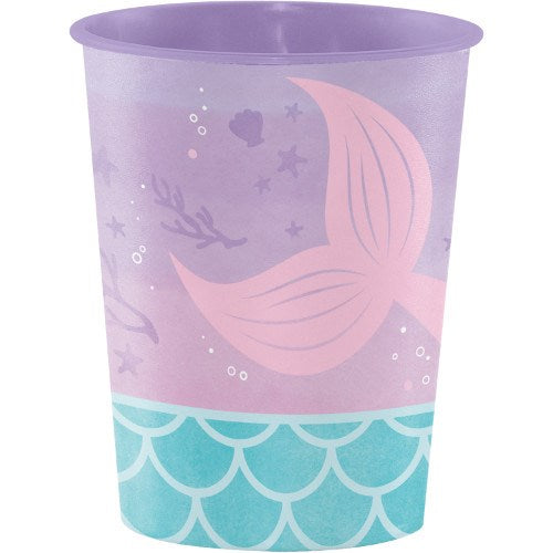 Purple plastic cup with pink mermaid tail and teal scallop wave pattern at base.