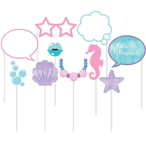 Colorful mermaid-themed photo props including speech bubbles, starfish, seahorse, shell, bubbles, necklace, lips, and "Let's