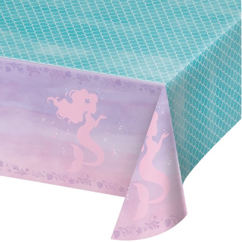 Rectangular plastic tablecover with teal scale pattern center and pastel purple border featuring pink mermaid silhouettes.
