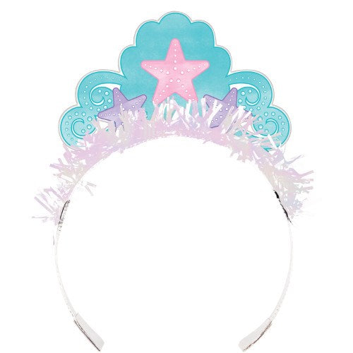 Light blue plastic mermaid-themed tiara with pink starfish and purple seashell accents on a white tinsel headband.