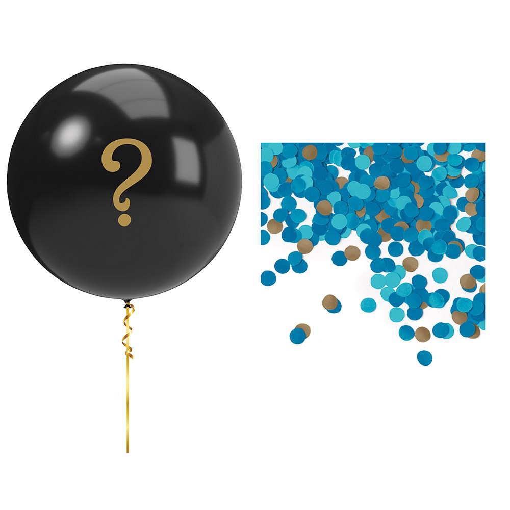 Black round balloon with gold question mark and blue, white, and gold circular confetti pieces.