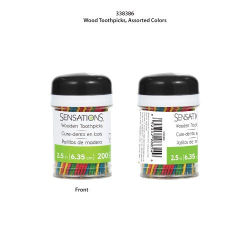 Clear plastic container with black lid filled with 200 assorted color wooden toothpicks.