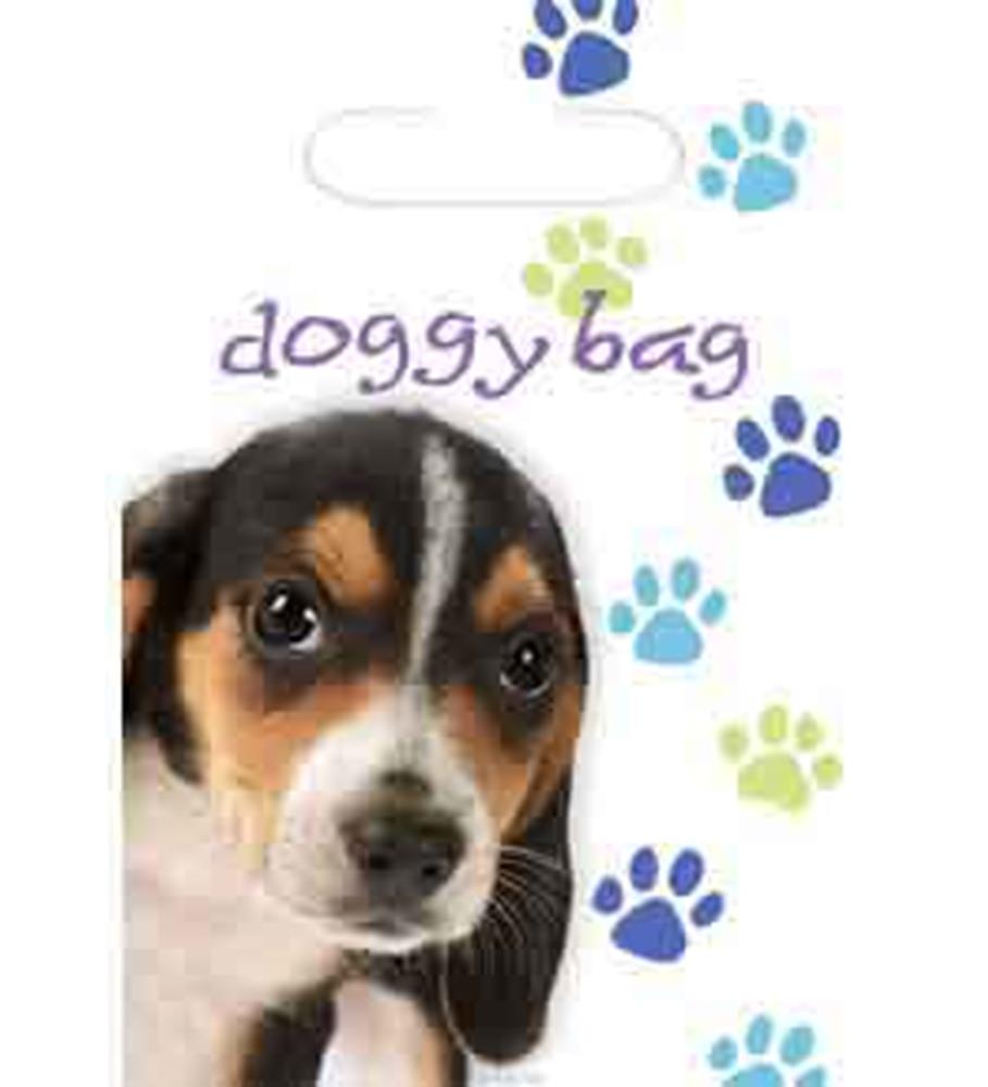 Small rectangular paper loot bag featuring a realistic puppy face and colorful paw prints labeled "doggy bag".