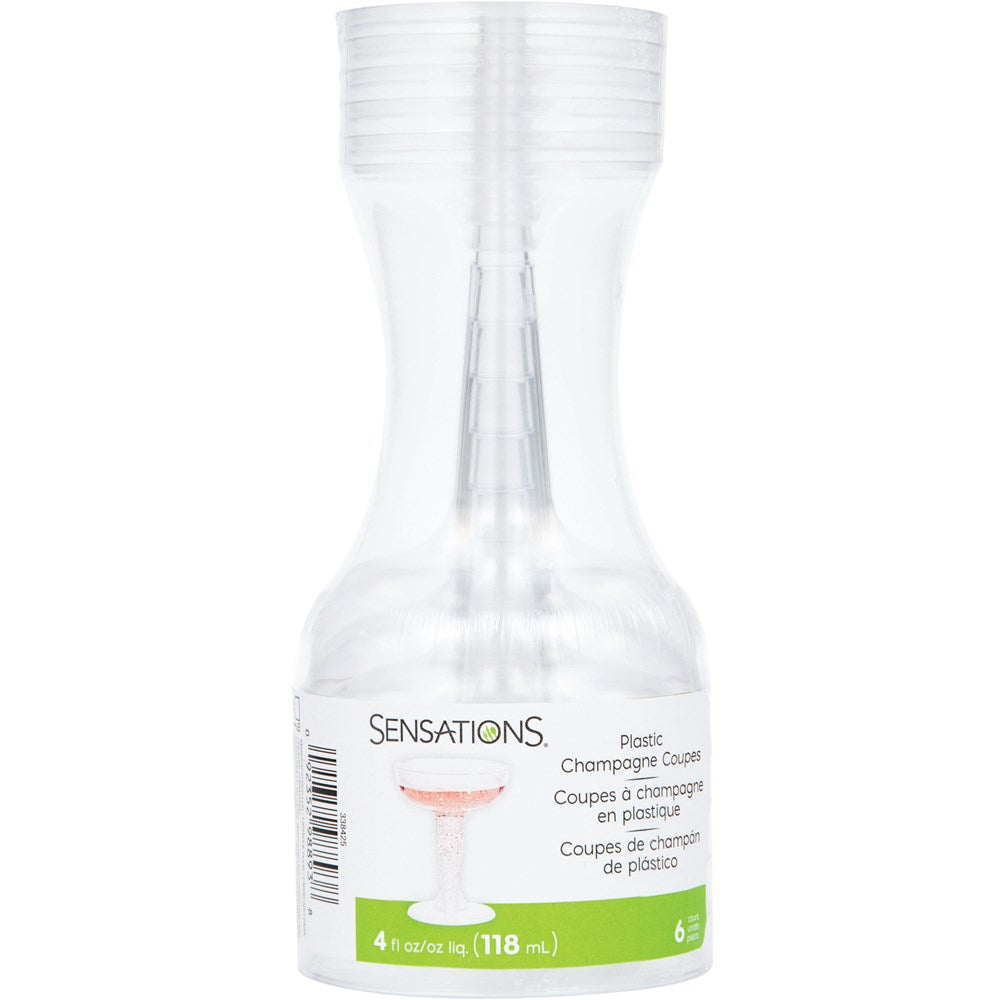 Clear plastic stemless champagne cups with a 4oz capacity, stacked in a set of six.