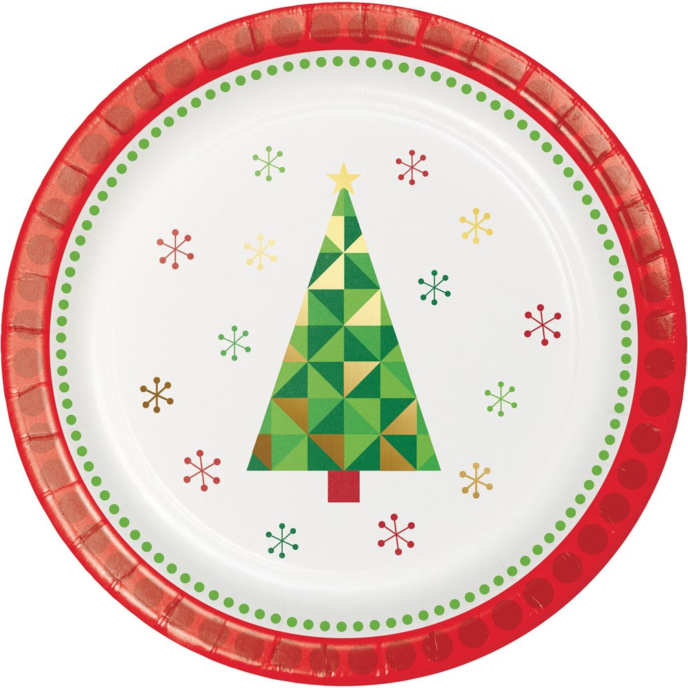 7-inch round foil plate with geometric green Christmas tree and red border, decorated with colorful snowflakes.