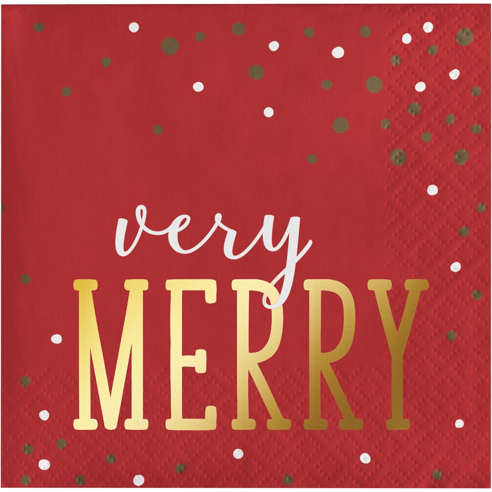 Red square beverage napkin with gold and white confetti dots and "very MERRY" text in white and gold cursive and block.