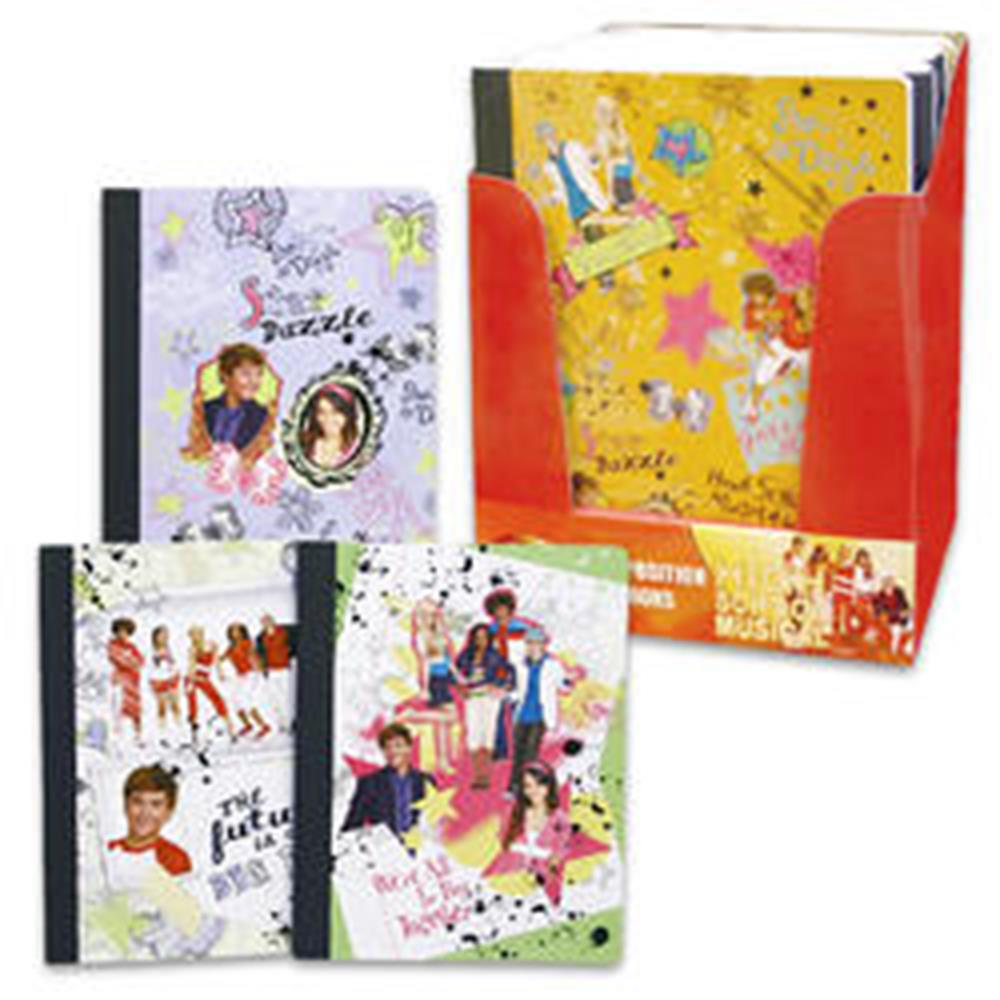 Set of four colorful High School Musical composition books with illustrated character covers and black spines, displayed in.