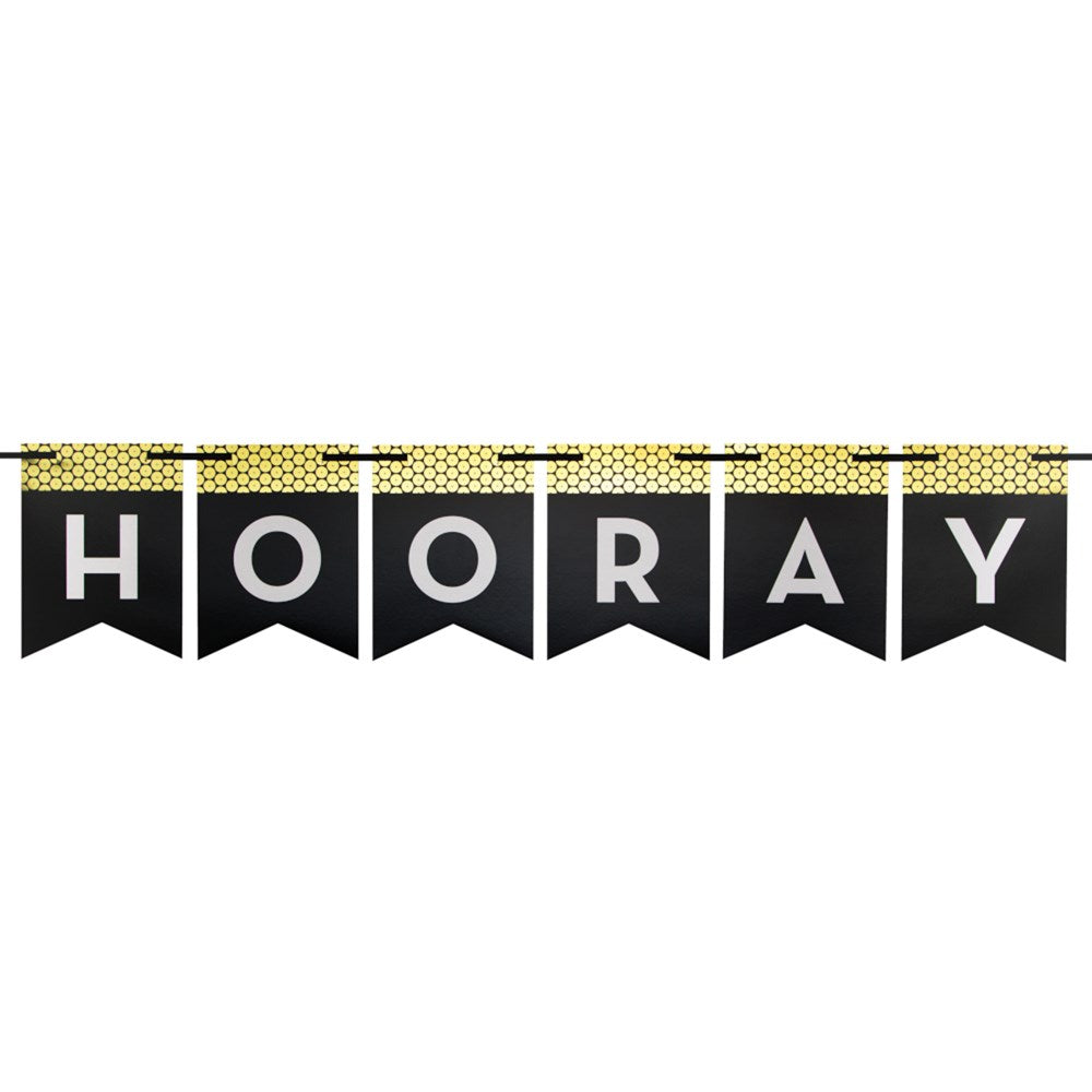 Black pennant banner with gold sequin top and white letters spelling "HOORAY".