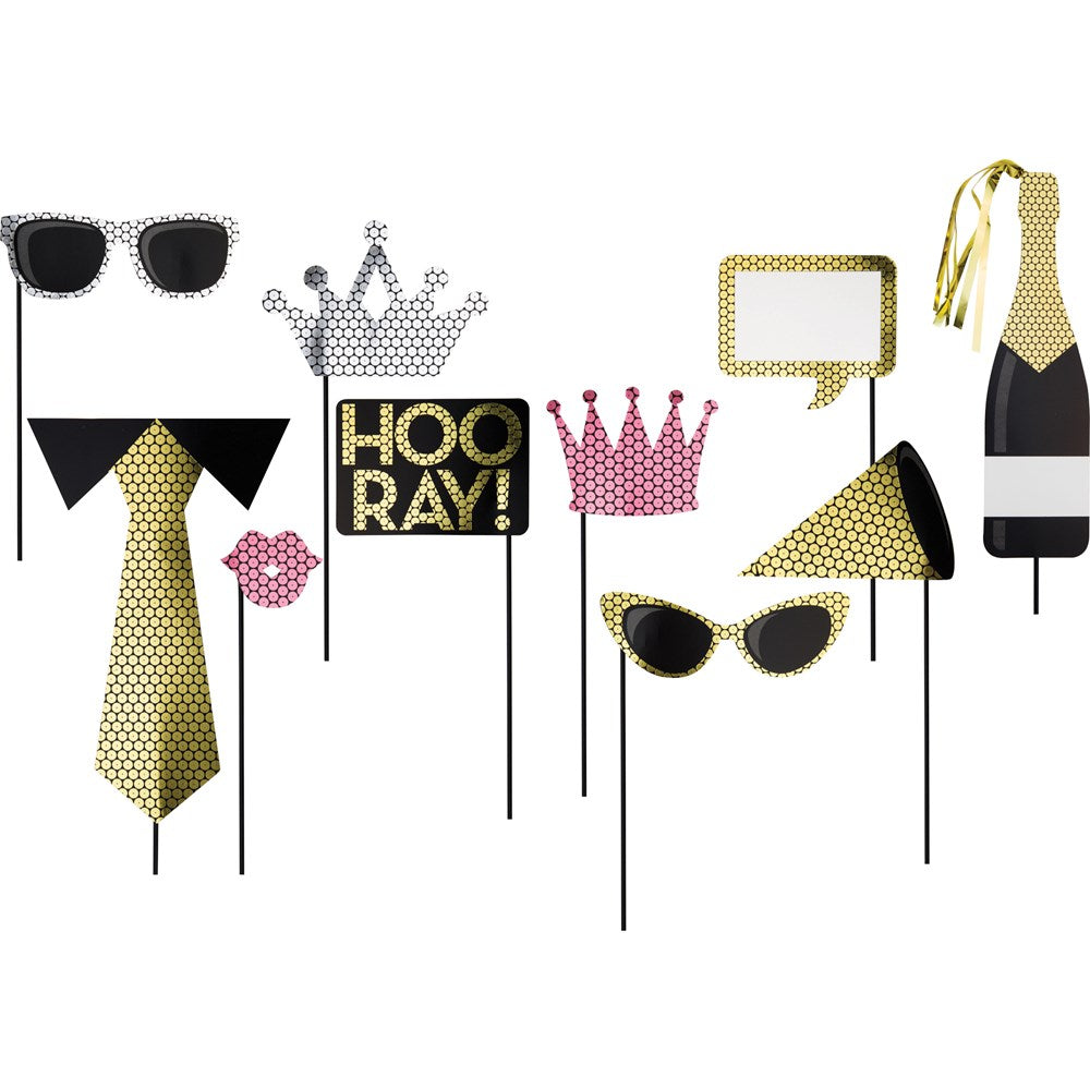 Set of 10 gold and black photo props including sunglasses, crown, tie, lips, party hat, speech bubble, "Hooray!" sign, and.