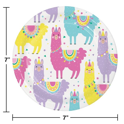 Round paper plate with colorful llamas in pink, yellow, teal, and purple on white background, measuring 7 inches wide.