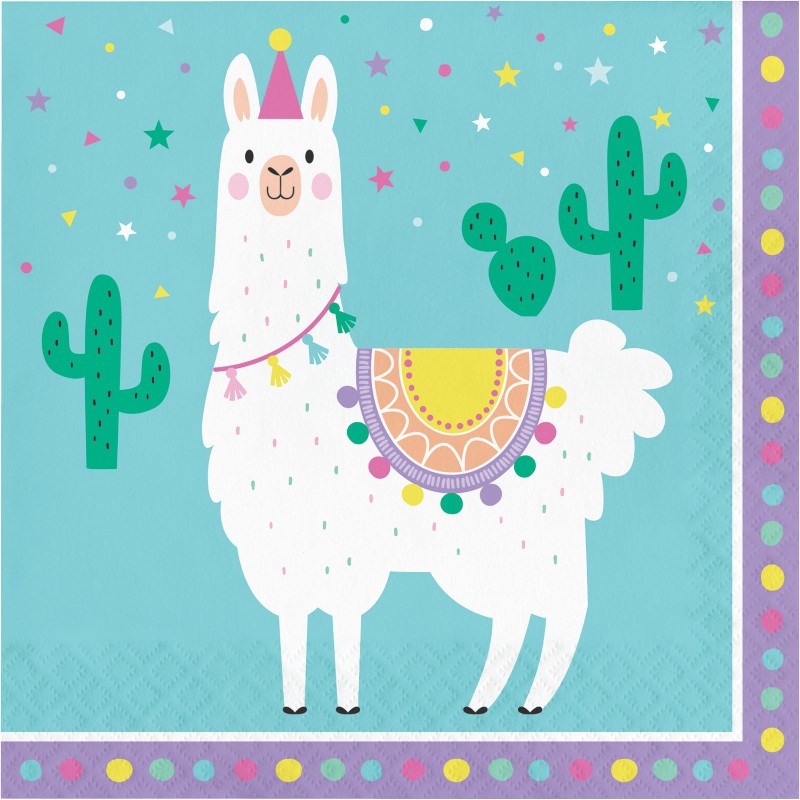 Square paper napkin featuring a white llama with colorful blanket and garland on a turquoise background with green cacti and