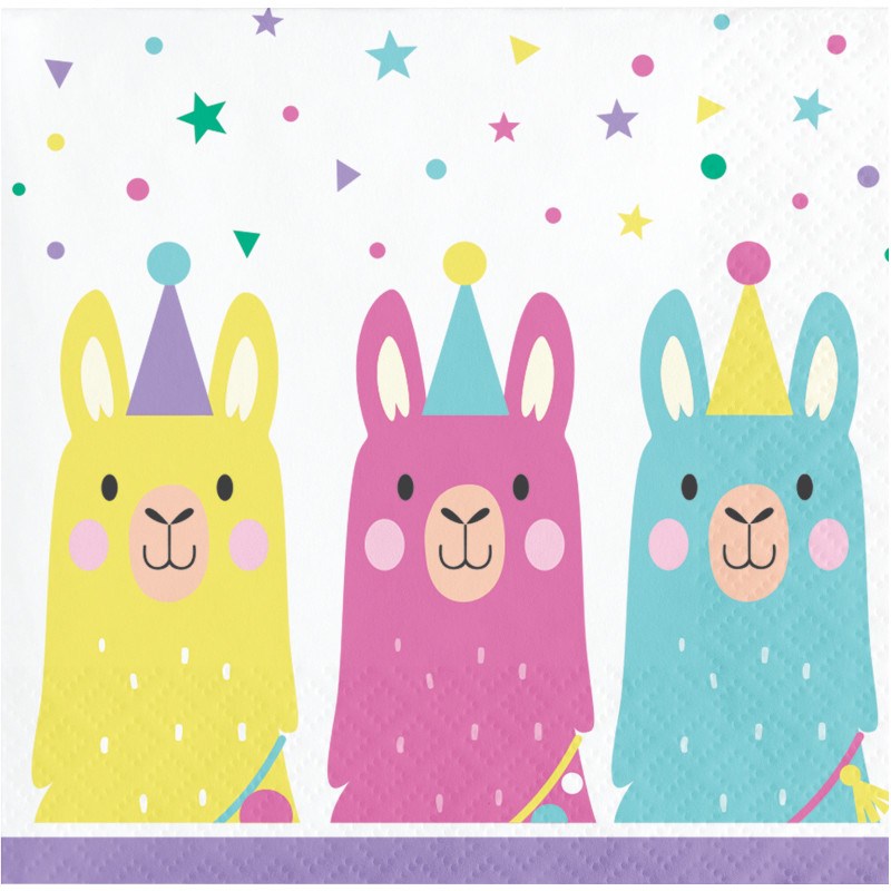 Colorful party napkins featuring yellow, pink, and blue llamas wearing pastel party hats on a white background with.