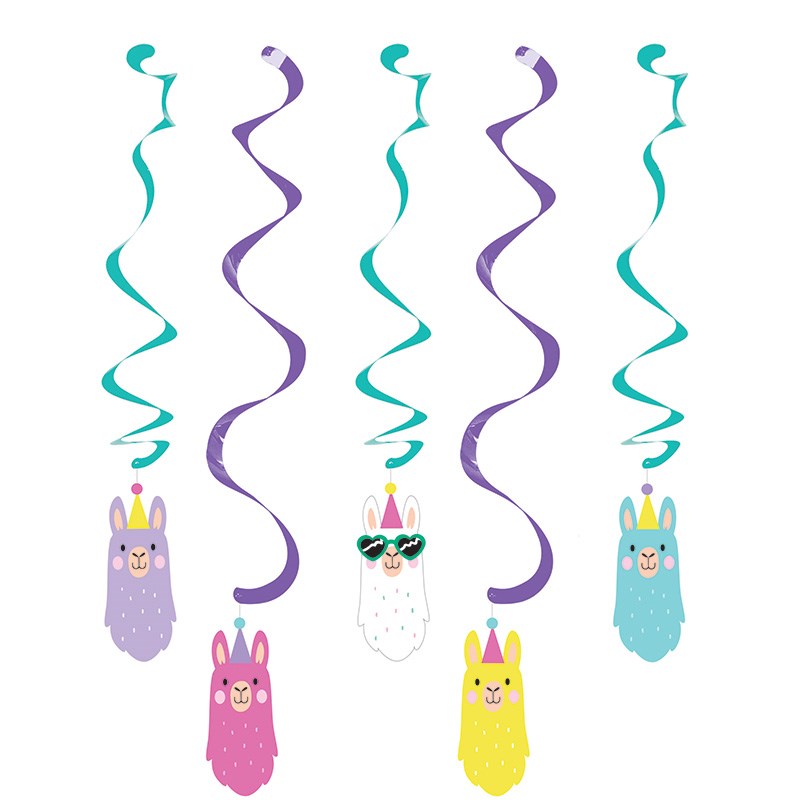 Colorful hanging swirl decorations in teal and purple with cheerful llama faces in pastel shades wearing accessories.