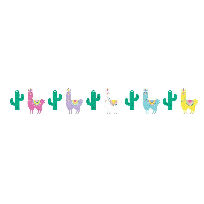 Colorful paper banner featuring llamas wearing party hats alternating with green cacti for kids' celebrations.