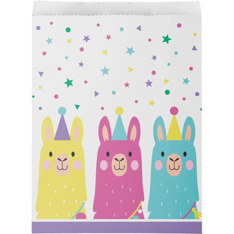 Colorful paper treat bag with yellow, pink, and blue llamas wearing party hats and confetti background.