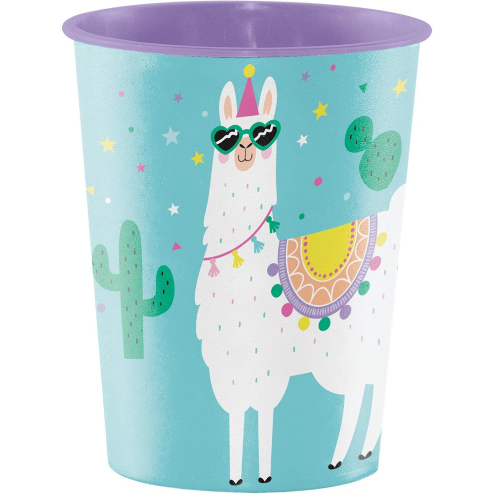 Light blue 16oz plastic cup with purple rim featuring a white llama wearing sunglasses and colorful blanket with cactus.