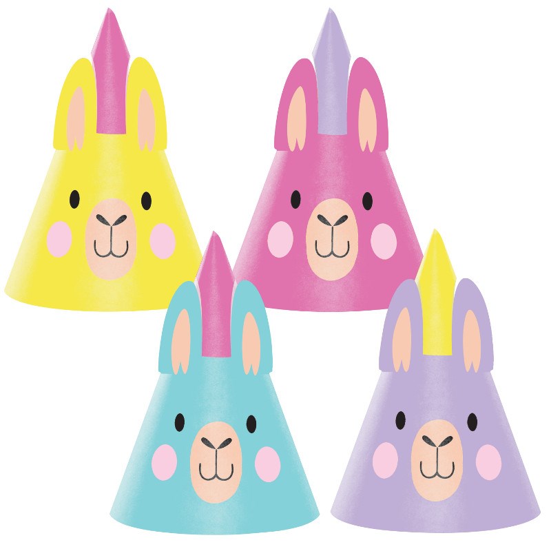 Colorful cone-shaped party hats with smiling llama faces and ears in yellow, pink, blue, and purple.