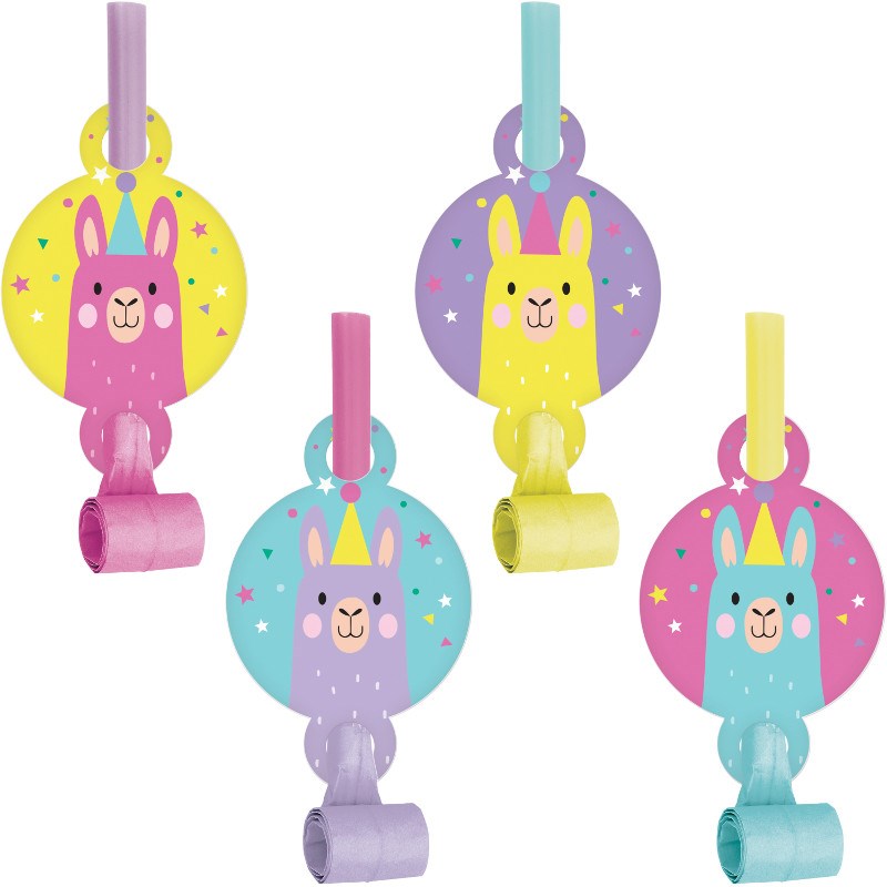 Colorful party blowouts with llama faces in pink, yellow, purple, and blue, each featuring a round background with stars and