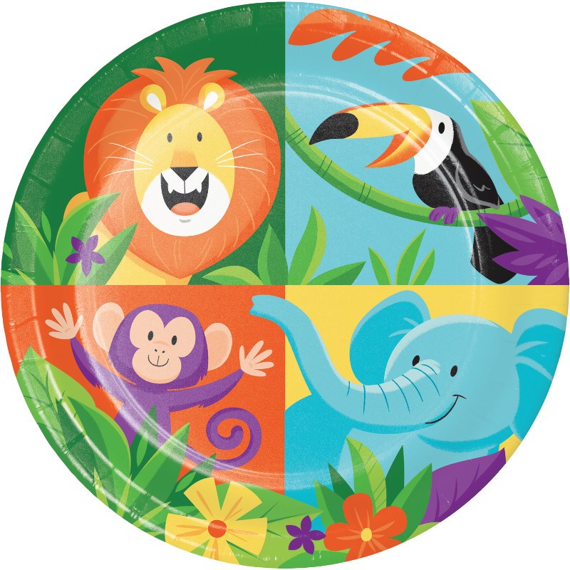 Round paper plate with colorful cartoon jungle animals including a lion, toucan, monkey, and elephant on a green leafy.