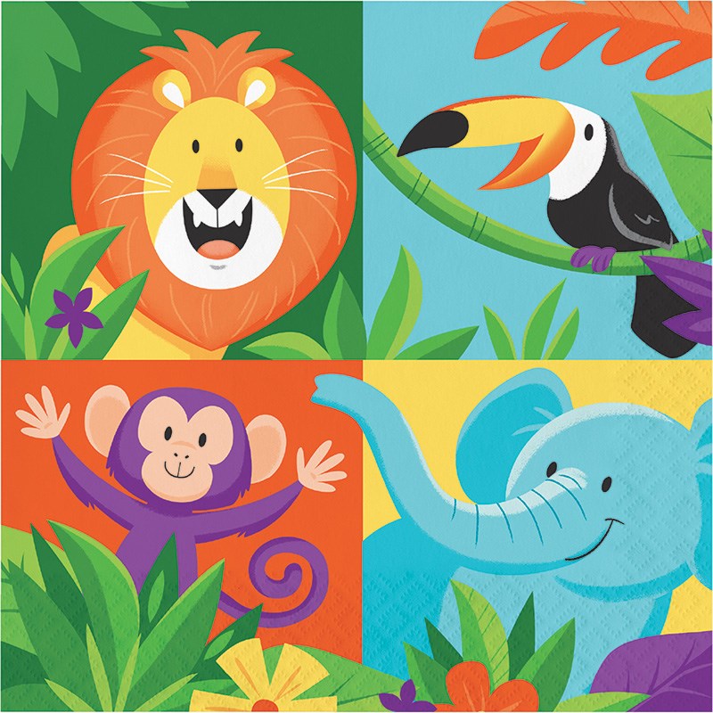 Colorful paper napkins with cartoon jungle animals including a lion, toucan, monkey, and elephant on a vibrant background.
