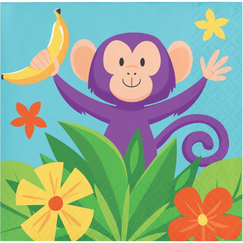 Square paper napkin with a purple cartoon monkey holding a banana, surrounded by green jungle leaves and colorful flowers on