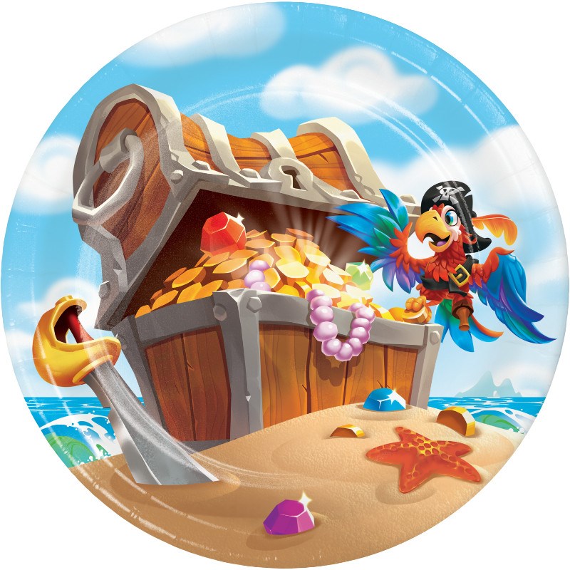 Round paper plate with a colorful pirate treasure chest, gold coins, jewels, a parrot, and sandy beach scene.