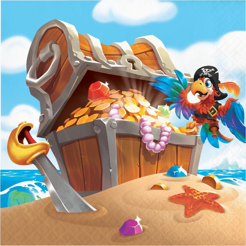 Colorful pirate-themed luncheon napkin featuring a treasure chest overflowing with gold coins, a parrot wearing a pirate.