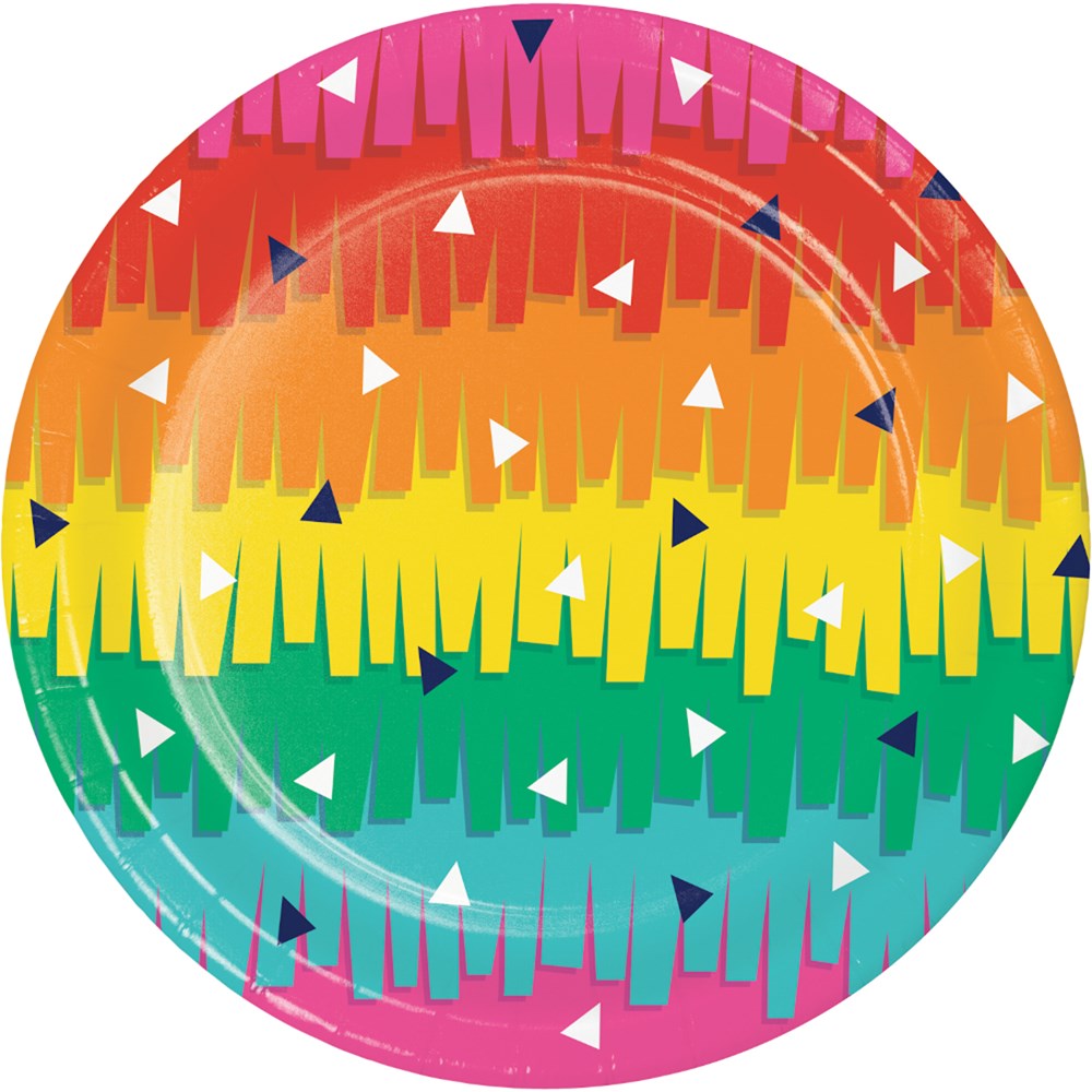 Round paper luncheon plate with colorful layered serape fringe design in pink, orange, yellow, green, and blue with small.