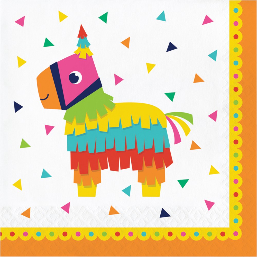White luncheon napkin with colorful piñata donkey and multicolored confetti triangles, yellow and orange patterned border.