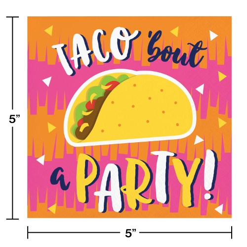 Colorful 5x5-inch cocktail napkin with taco graphic and "Taco 'bout a party!" text on pink and orange background.