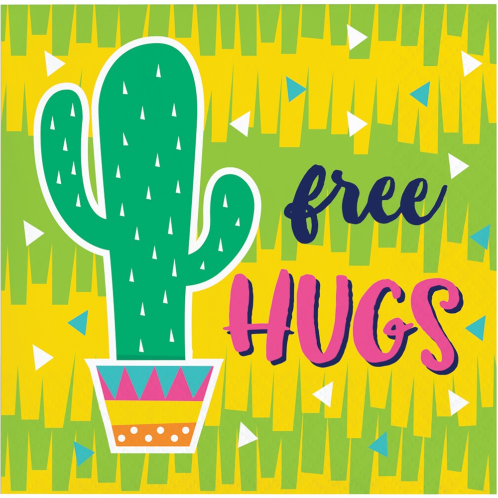 Square green paper napkin with yellow fringe pattern, large green cactus in a colorful pot, text "free HUGS" in blue and.