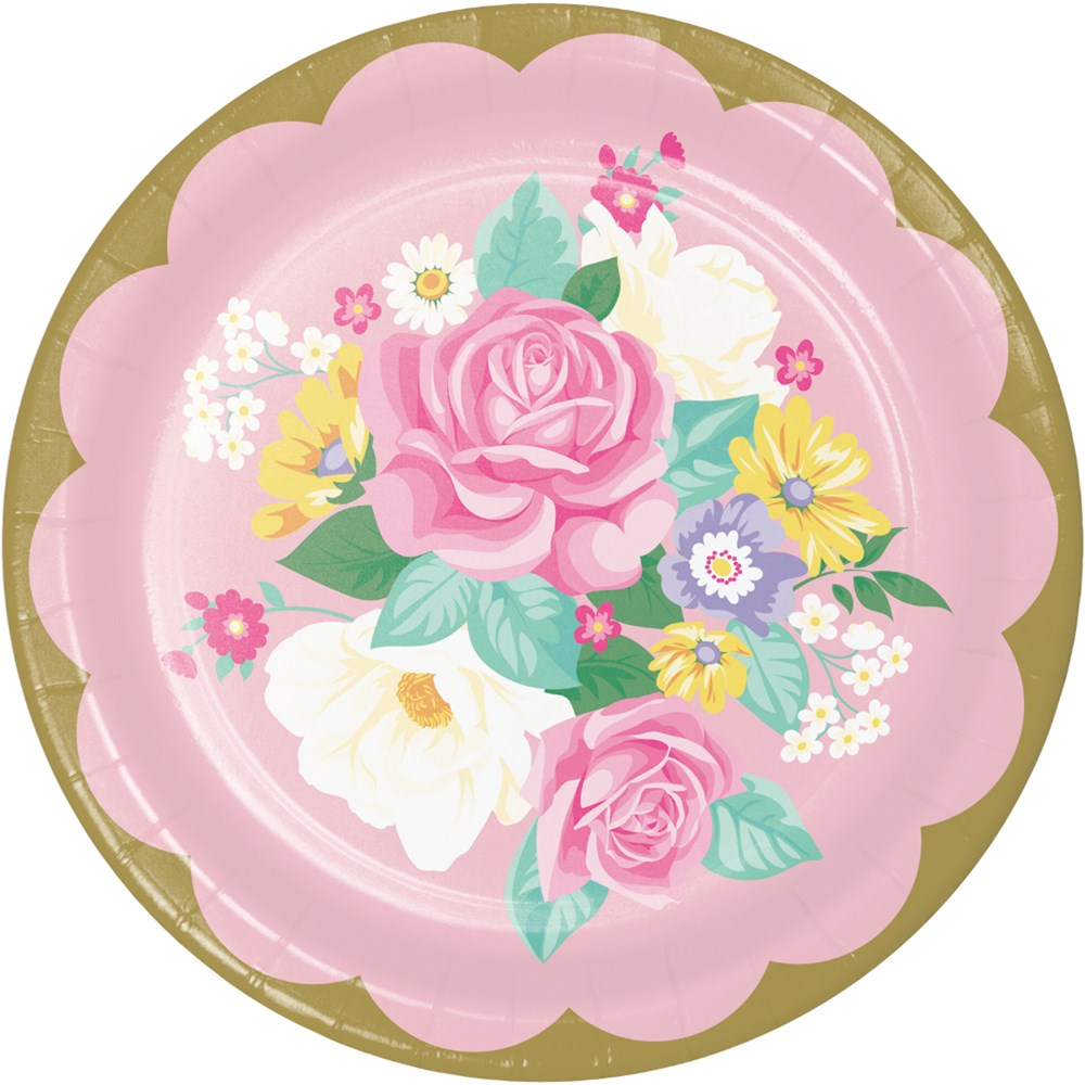 Round scalloped-edge pink paper plate with a colorful floral bouquet and gold trim.