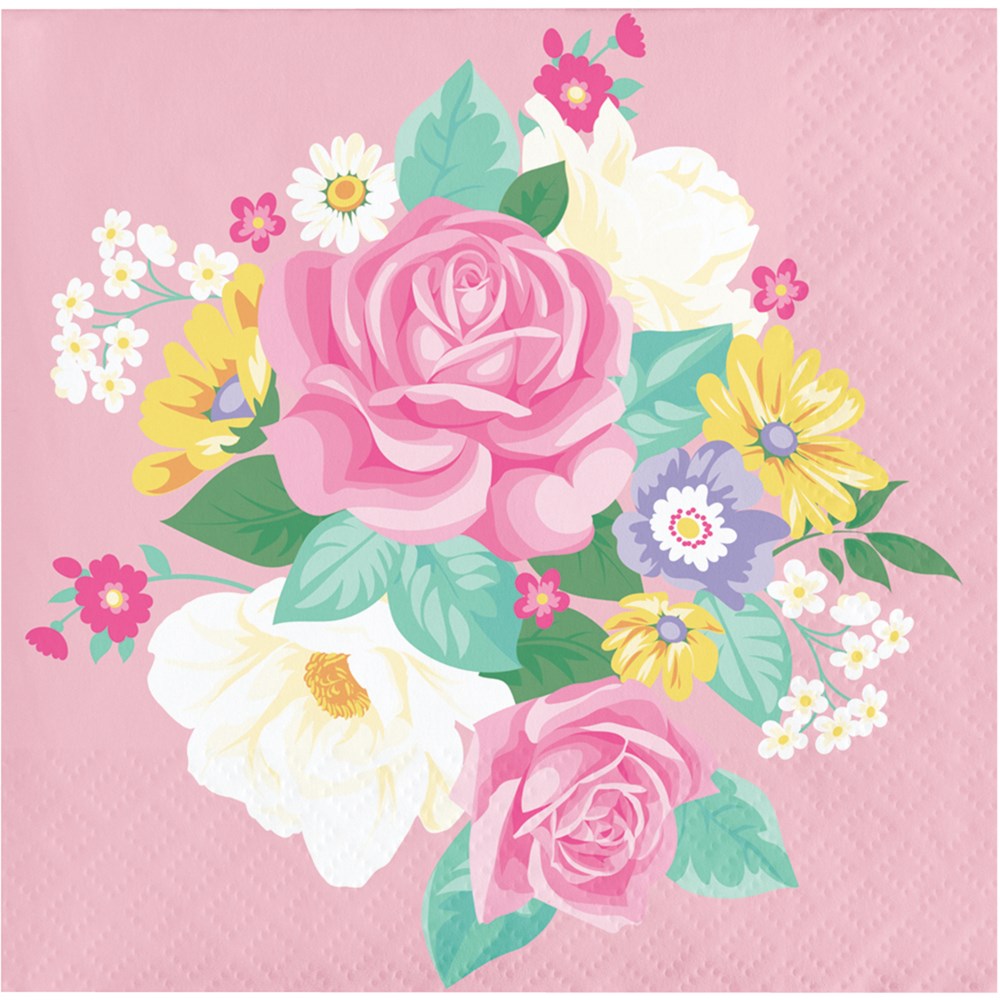 Pink paper napkin with a bouquet of pink roses, white and yellow flowers, and green leaves.