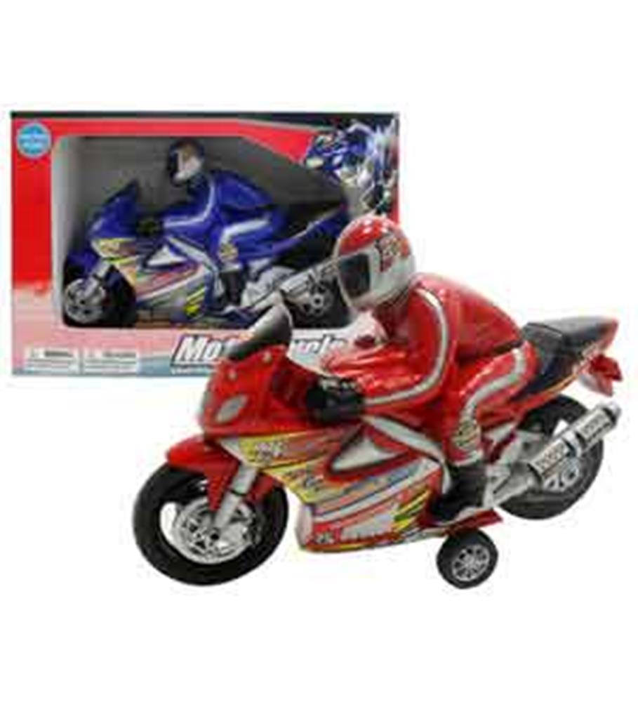 Red friction-powered toy motorcycle with rider in red gear, detailed decals, and training wheels.