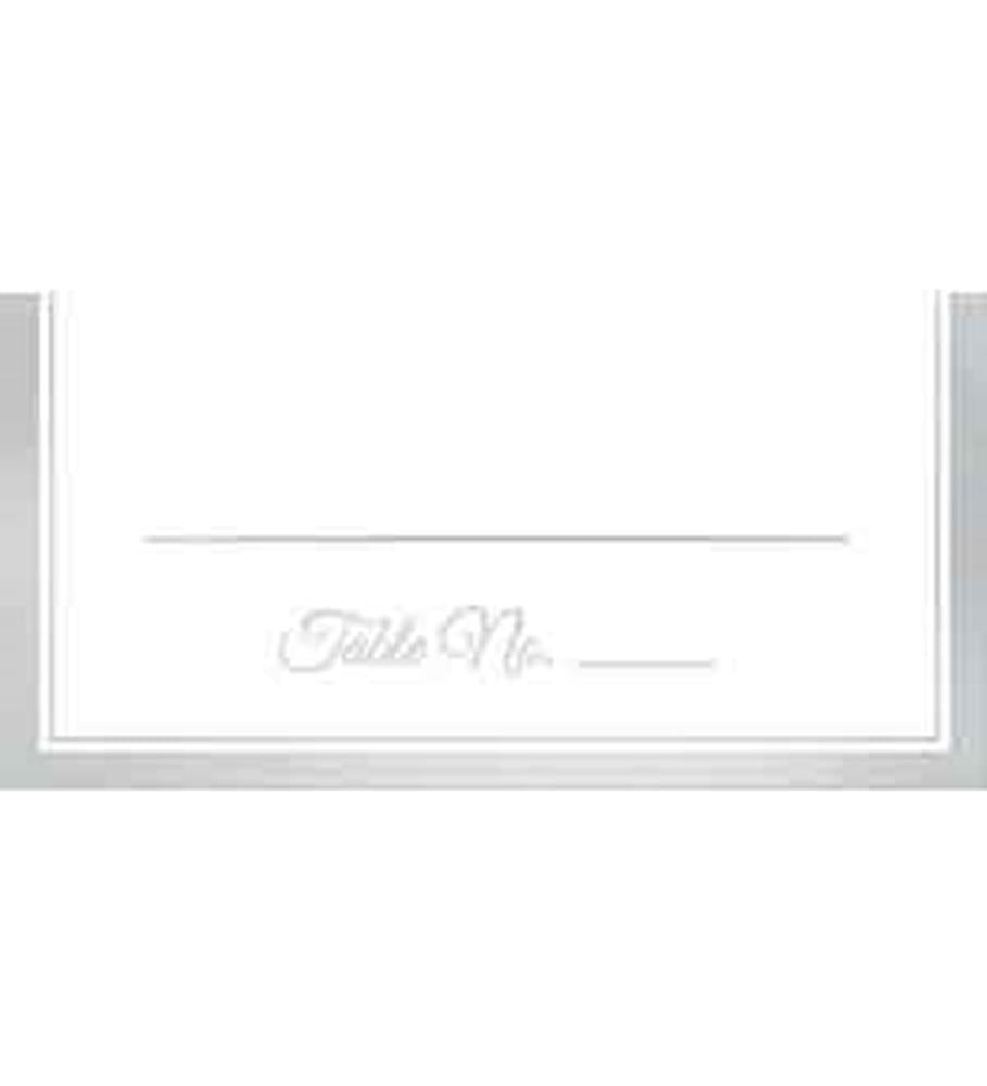 White rectangular place card with silver trim border and cursive "Table No." text in silver at the bottom center.