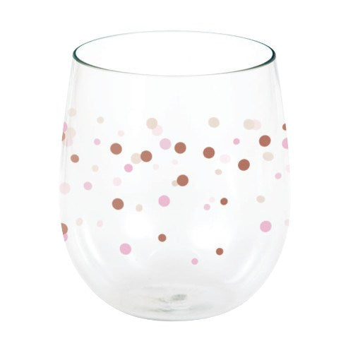 Clear 14oz stemless wine glass with pink and rose gold confetti dots design.