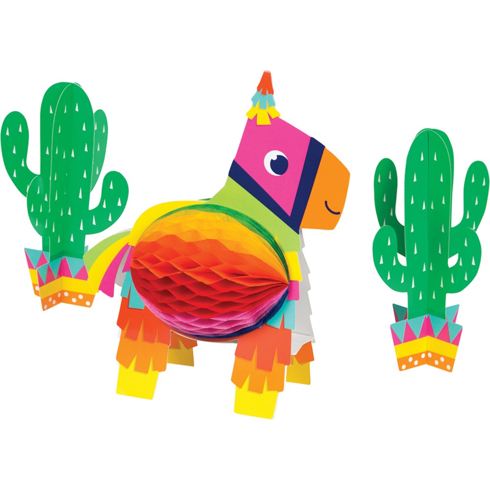 Colorful 3D honeycomb paper donkey centerpiece with vibrant stripes and two green cactus decorations with pink and yellow.