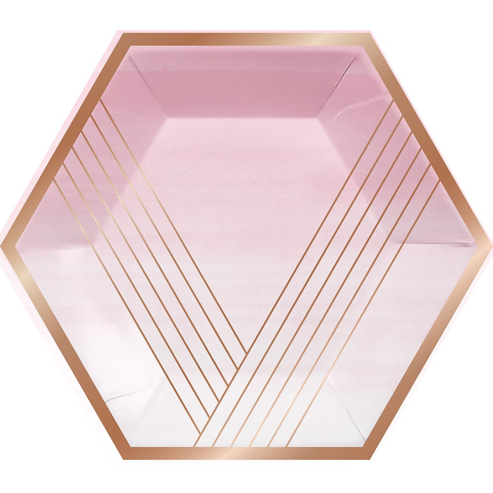 Hexagonal pink plate with rose gold geometric lines and metallic rim, 8-count set.