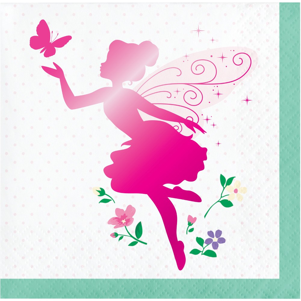 Square napkin with a pink fairy silhouette holding a butterfly, floral accents, and a teal border.