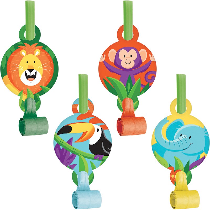 Four colorful animal-themed party streamer strings with glow-in-the-dark neon tails featuring a lion, monkey, toucan, and.