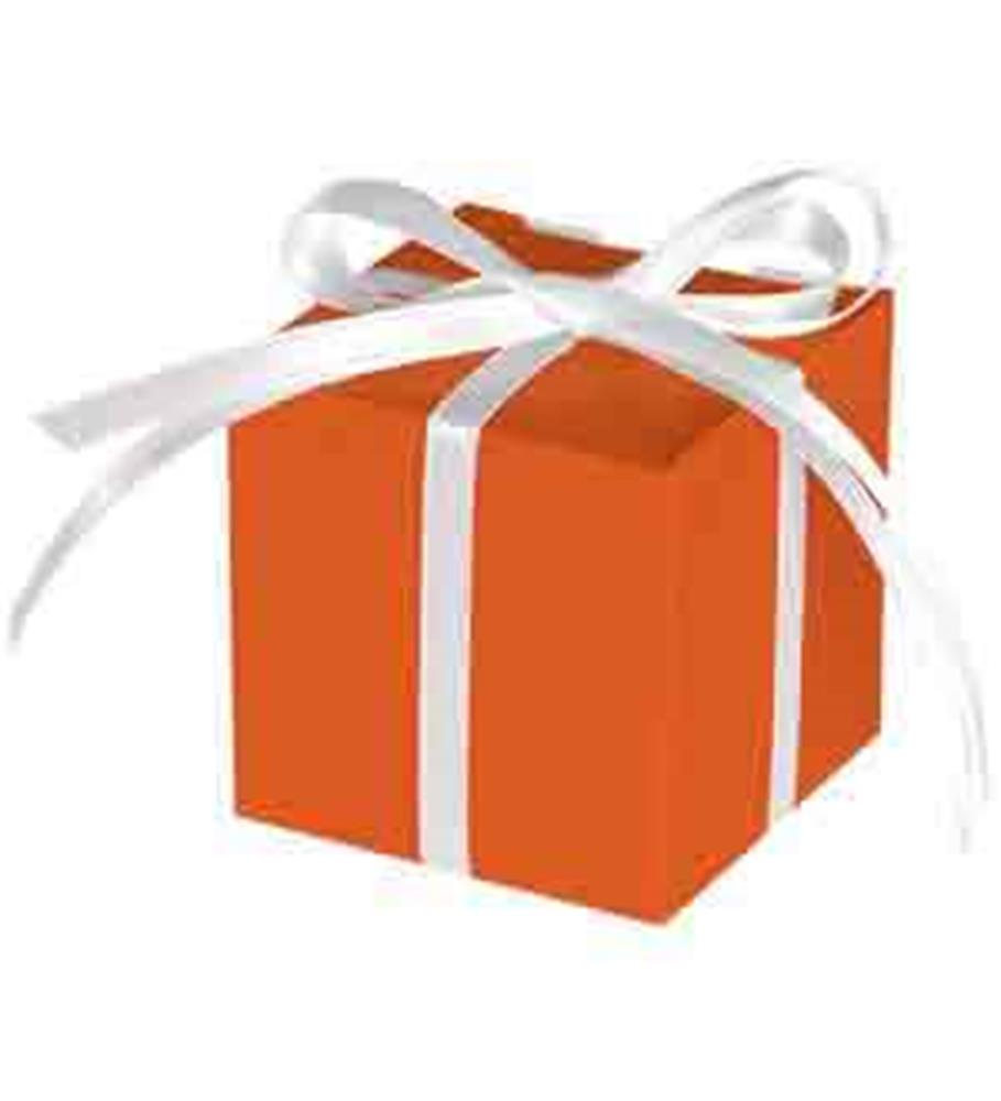Small bright orange gift box with white satin ribbon tied in a bow on top.