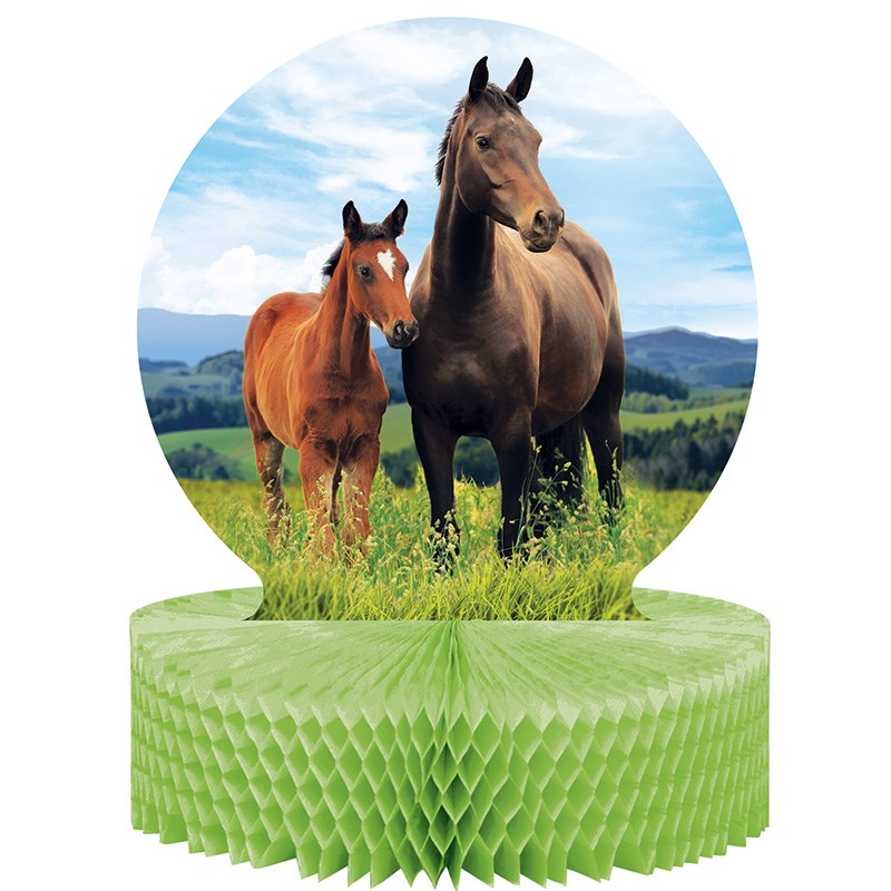 Decorative centerpiece with 3D horses on a green honeycomb paper base, outdoor background.