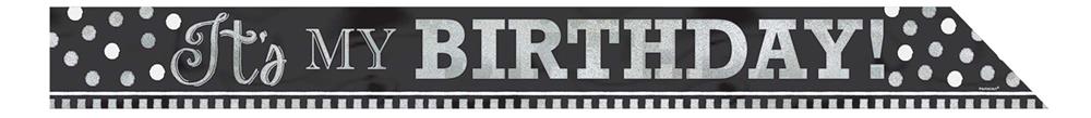 Black and white birthday sash with polka dots and "It's My Birthday!" text in mix of cursive and bold fonts.