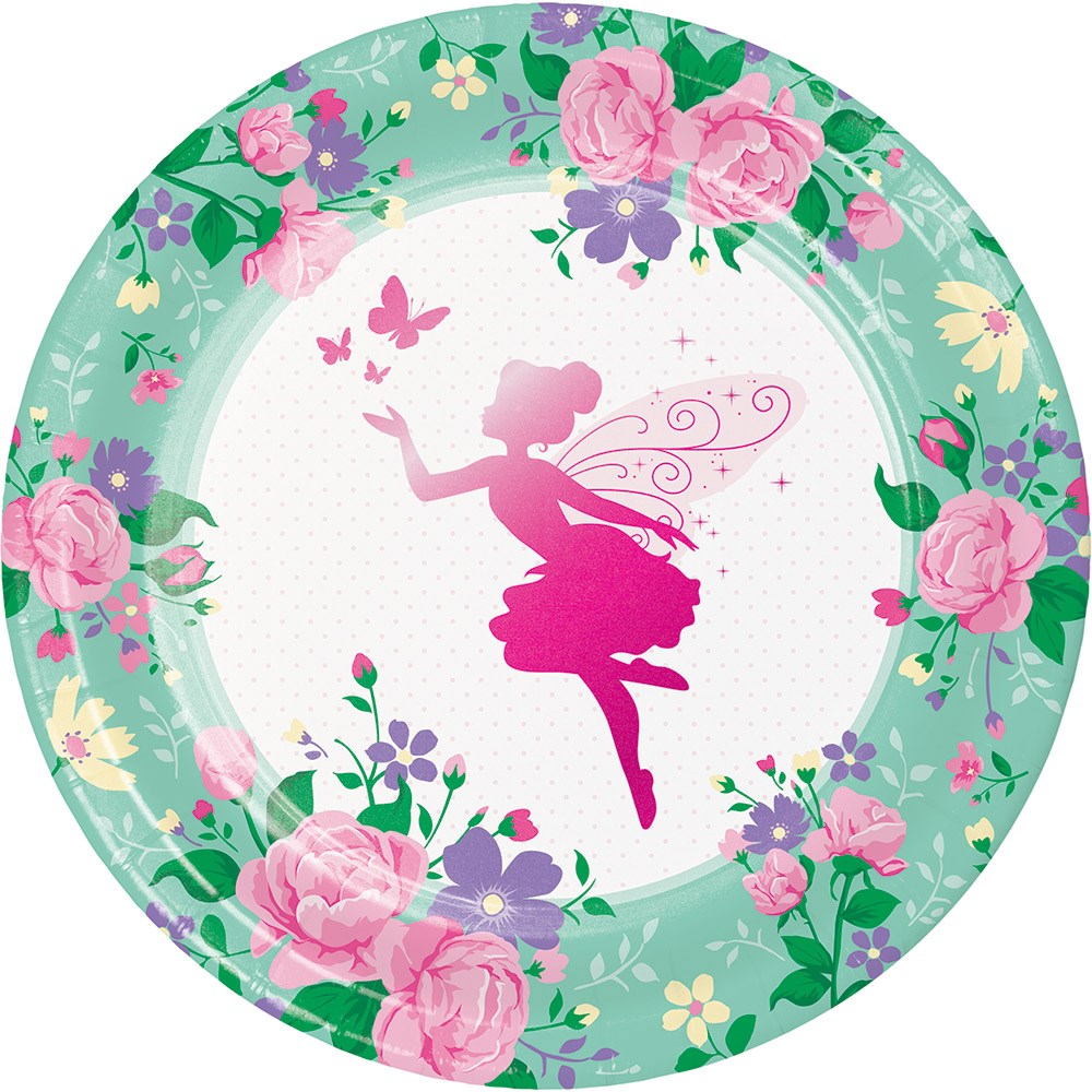 Round paper plate with a pink fairy silhouette surrounded by pink and purple flowers on a green floral border.