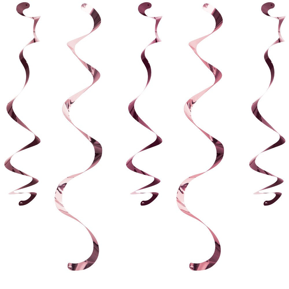 Set of ten metallic rose gold spiral dangling party decorations on white background.