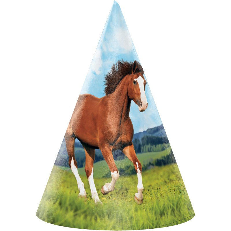 Cone-shaped party hat with a running brown horse against a green field and blue sky background.