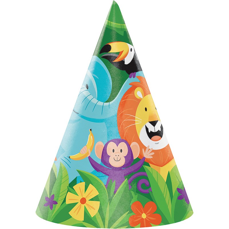 Colorful party hat with jungle animals including lion, monkey, toucan, and elephant on green grass background.