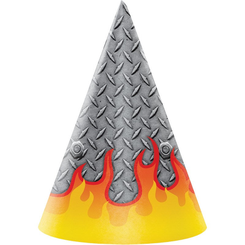 Cone-shaped party hat with gray diamond plate pattern and red and yellow flames at the base.