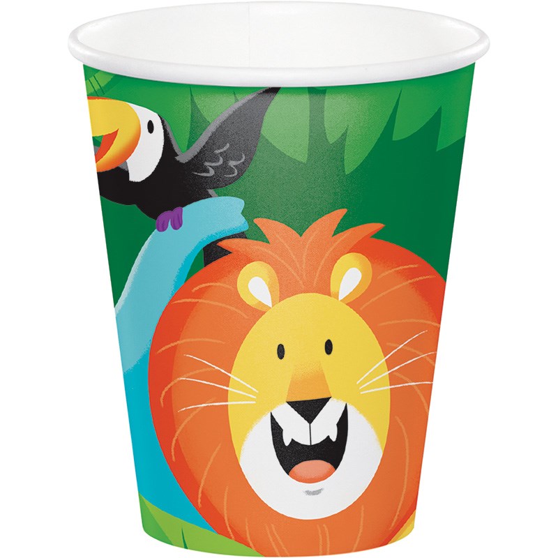 9oz paper cup with colorful jungle safari design featuring a roaring lion and a toucan on green leafy background.